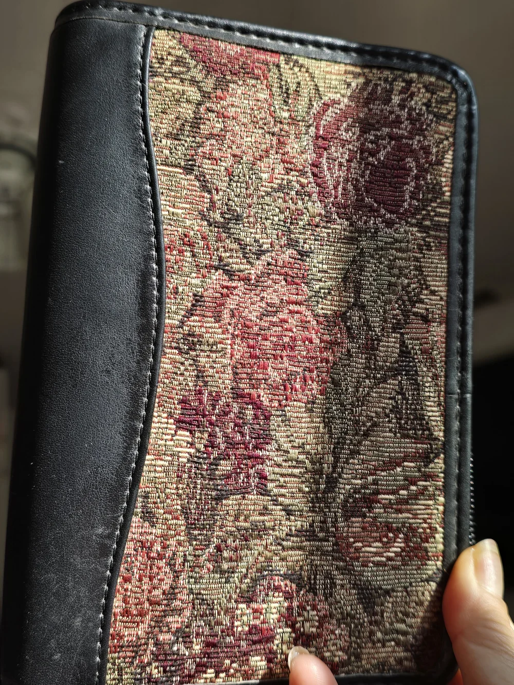 Black Leather Organizer with Floral Tapestry Panel